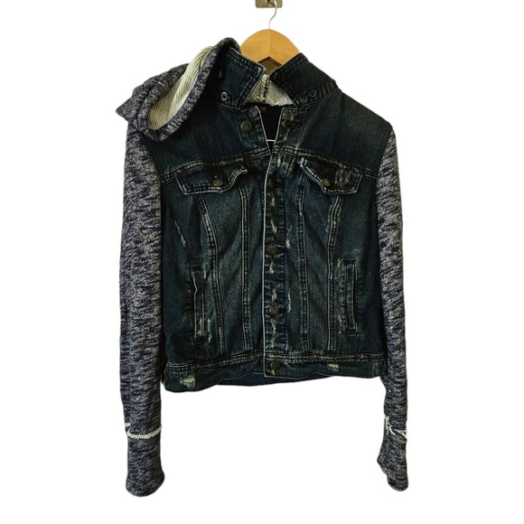 Free People Distressed Denim Jacket Knit Sleeves And Hood‎ Women's Size Medium - Picture 1 of 4